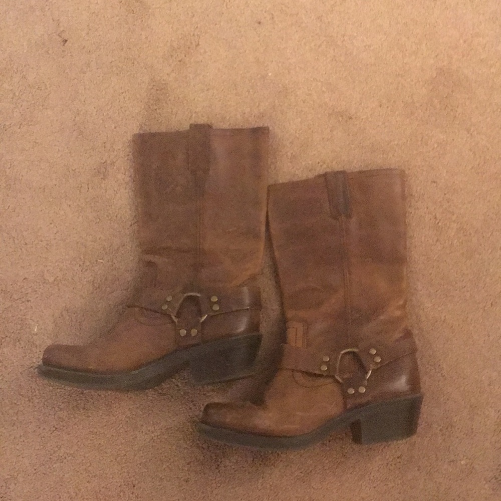 Distressed leather brown motorcycle boots